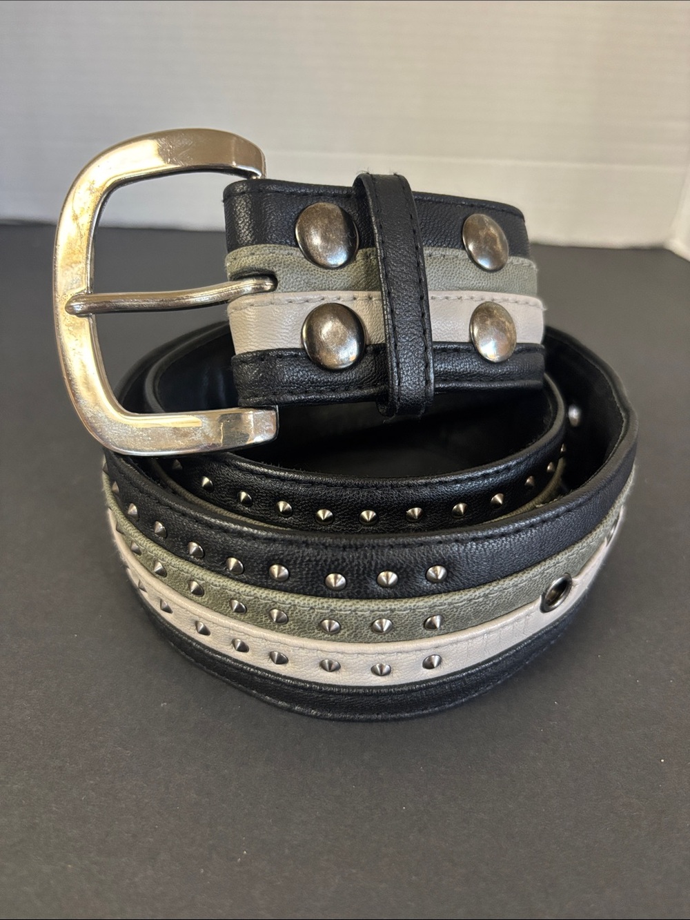 Men's Multi-Stripe Studded Leather Belt - Black, Gray, Cream